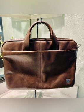 Knomo Unisex Black Leather Messenger Laptop Briefcase Bag (No Detachable Strap)